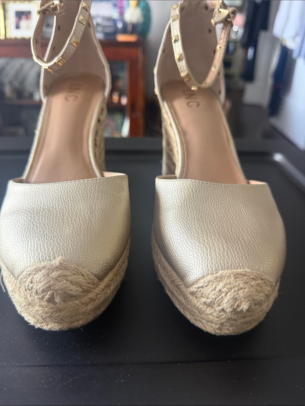 Metallic Gold Espadrille Wedge Sandals with Ankle Strap